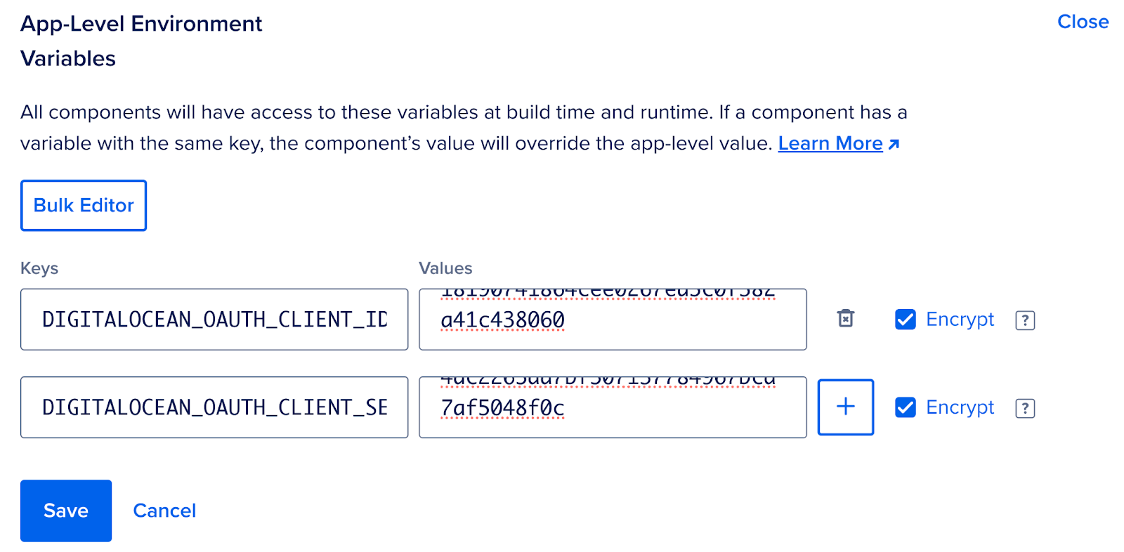 App Platform environment variables configuration screen.